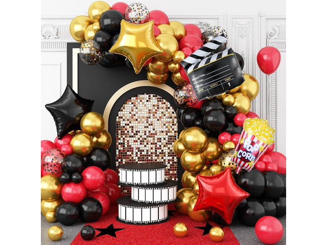 Movie Night Balloon Garland Arch Kit, Red Black Gold Balloons with Camera Star Foil Popcorn Flim Clapperboard Balloons for Birthdays Anniversaries...