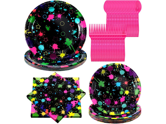 100 Pcs Neon Party Supplies Tableware Set for 20 Guests, Glow in The Dark Plates, Napkins, Forks and Spoons, Disposable Neon Parties Decorations,...