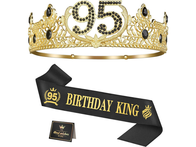 Asija 95th Birthday Gifts for Men, 95th Birthday Decorations for Men, Party Decor Supplies including King Crown & Sash & Greeting Card