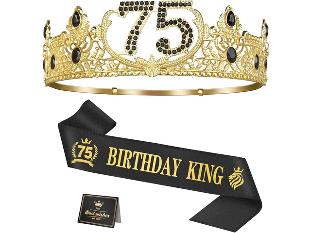 Asija 75th Birthday Gifts for Men, 75th Birthday Decorations for Men, Party Decor Supplies including King Crown & Sash & Greeting Card