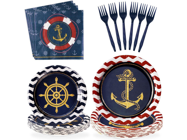 Grencian 96Pcs Nautical Anchor Party Supplies Navy Nautical Party Plates Sailor Boat Ship Paper Plates Disposable Anchor Theme Tableware Set for...