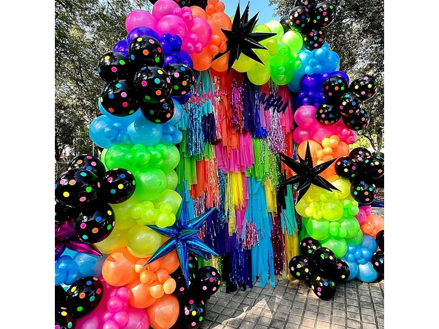 175Pcs Neon Balloons Arch Garland Kit, Glow in the Dark Balloons (Rainbow Star Dot) for Back to 80s 90s DISCO Birthday Party Decorations, Fiesta,...