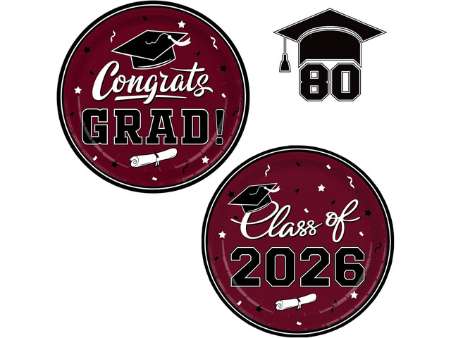 Gatherfun Graduation Party Supplies 2026 Graduation Party Dinnerware Maroon Disposable Paper Plates for Congrats Grad Party Decorations, Serve 80