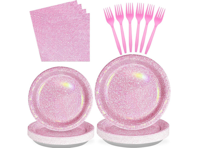 Grencian 96Pcs Pink Pastel Party Supplies Light Pink and White Plates and Napkins Tableware Set Rainbow Birthday Decorations for Girls Women...