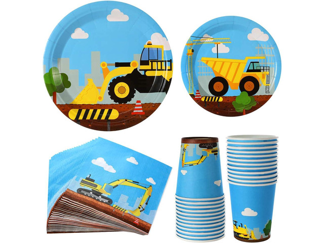Construction Birthday Party Supplies Set 97 Pieces For Kids- Serves 24 Guest-Digger Truck Bulldozer Party Tableware Kit - Including Dump Truck...