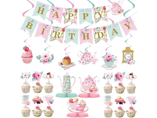 Zonon 40 Pcs Tea Party Decorations Set, Happy Birthday Banner with Cupcake Toppers, Table Centerpieces, Hanging Swirls, Floral Tea Party Supplies...