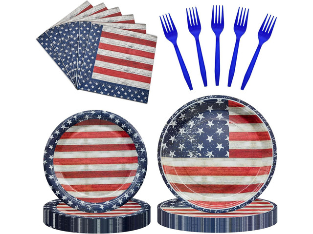 96 Pieces Patriotic Tableware Set Party Supplies - American Flag Pattern Disposable Dinnerware with Paper Plates, Napkins, Forks for Fourth of...