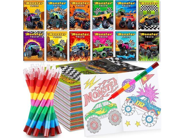 BenLouis 12 Monster Truck Mini Coloring Books Kids with 12 Stacking Crayons Car wheels Party Favors Small Activity Books Bulk for Kids Monster.