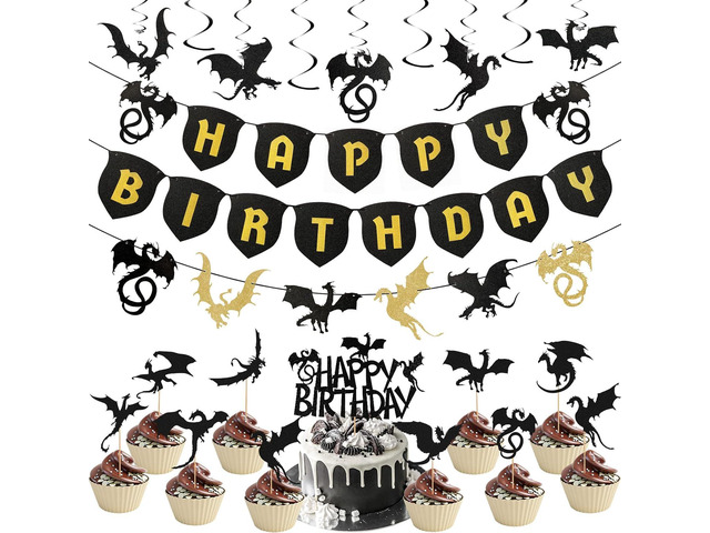 Zonon 44 Pcs Dragon Birthday Party Decorations Medieval Flying Dragon Party Supplies Happy Birthday Hanging Banner Swirls Cupcake Toppers for...