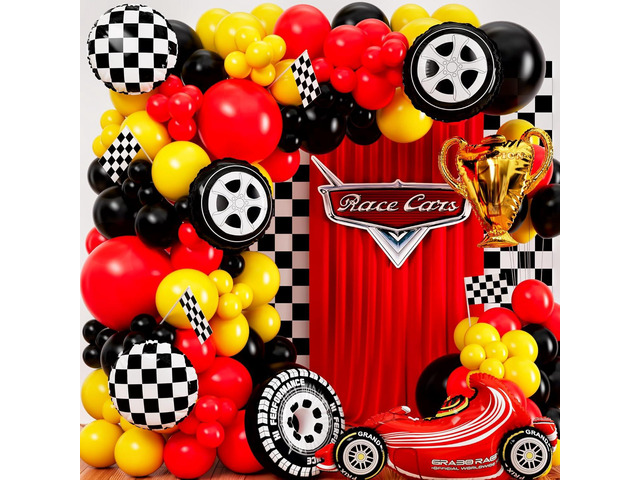 ALL-IN-1 Race Car Balloon Arch Kit & Garland with BONUS Trophy Foil Balloon - Red Black and Yellow Balloons for Race Car Birthday Party Supplies &...