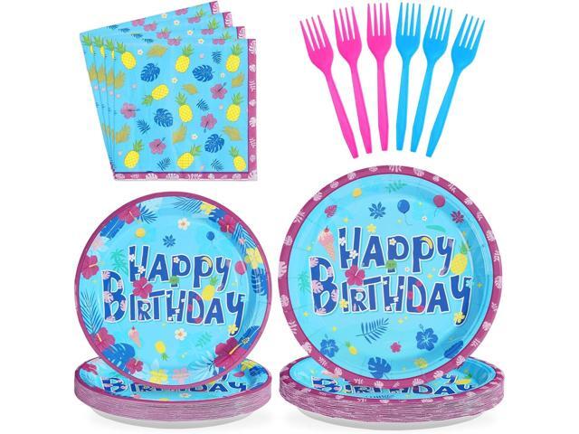 96Pcs Hawaiian Birthday Decorations Tropical Luau Blue Cartoon Plates and Napkins Tableware Sets Hawaii Hibiscus Party Decorations Favors for...