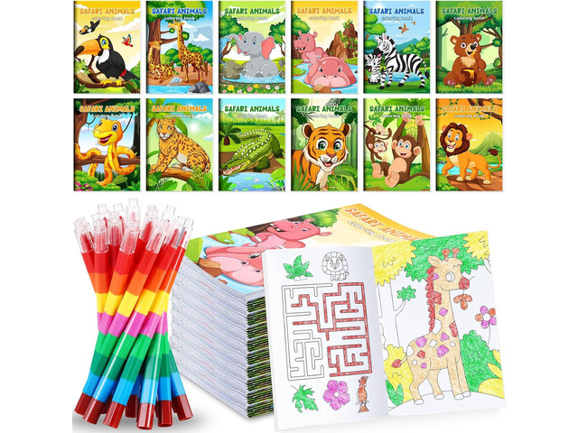 BenLouis 12 Jungle Safari Mini Coloring Books Kids with 12 Stacking Crayons Zoo Animals Lion Party Favors Small Activity Books Bulk for Kids Wild...
