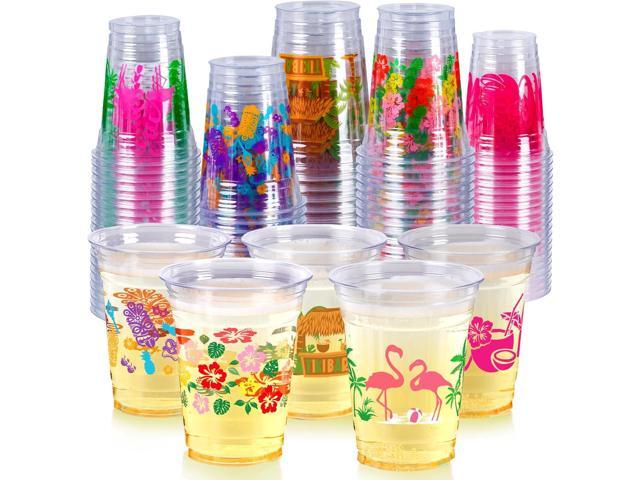GuassLee 100Pcs Luau Cups for Hawaiian Party Decorations, Tropical Clear Plastic Disposable Tiki Aloha Hibiscus Flamingo Drink Cups for Pineapple...