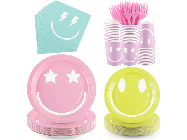 Kochorie 144 Pcs Preppy Smile Party Tableware Supplies, Disposable Paper Plates Napkins Cups Forks Set, Serves 24 Guests for Smile Face Theme Baby...