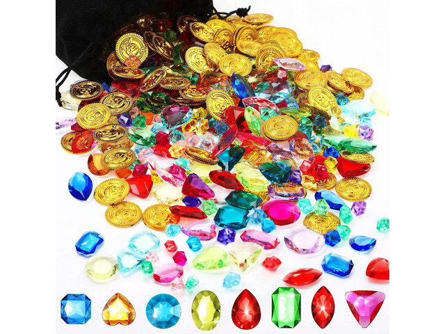 Gejoy 430 Pieces Summer Pool Pirate Party Favors Pirate Treasure Jewels and Gold Fake Coins Booty Chest Play Set with Drawstring Bag for Summer...