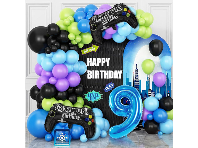 9th Birthday Video Game Balloons Arch, 9th Party Balloons Garland Kit 9th Game Birthday Supplies with Blue Number 9 Balloon Game Foil Balloons for...