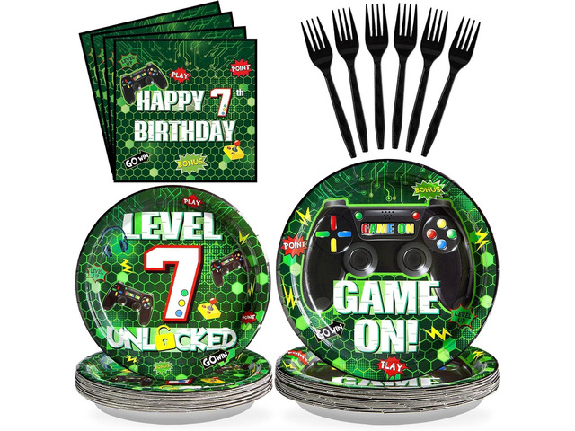 Grencian 96Pcs 7th Birthday Party Decorations Green Video Game Paper Plates Disposable 7th Birthday Paper Tableware Set for Boys 7 Year Old Video...