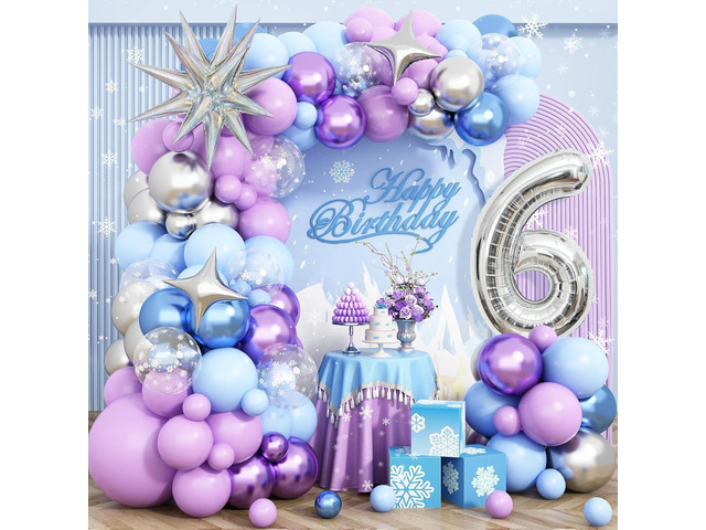 Snow 6th Birthday Decorations Girl, Snowflake Balloon Garland Arch Kit, Laser Explosion Star Balloons, Silver Number 6 Balloon Tower for Baby...