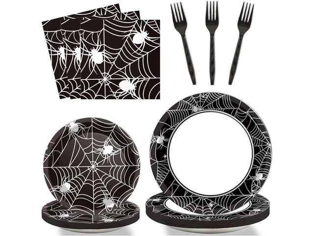 96 Pcs Halloween Party Paper Plates Napkins Supplies Set Spider Web Disposable Tableware Decorations Get Together Celebration Halloween Birthday...