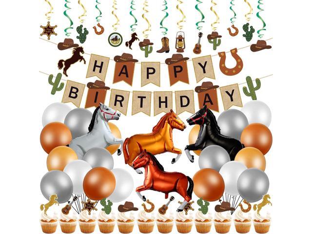 Zhanmai 60 Pcs Horse Birthday Party Supplies Horse Theme Happy Birthday Banner Cake Topper Hanging Swirls Balloon Kit for Horses Zodiac Party.