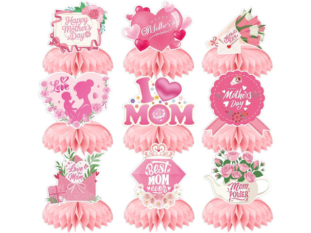 Mothers Day Table Decorations - Mother's Day Decorations Centerpieces for Tables, 9Pcs 3D Best Mom Honeycomb Centerpiece Pink Flower Table Topper...