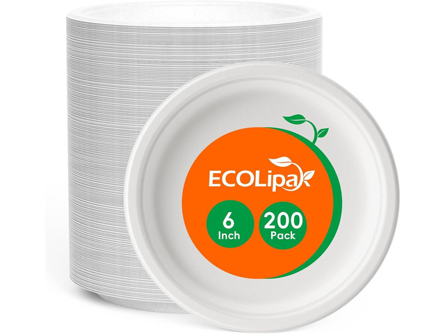 ECOLipak 6 Inch Disposable Compostable Small Paper Plates, 200 Pack Recycled Sugarcane Bagasse Biodegradable Heavy Duty Mini Dinner Appetizer Cake...