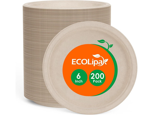 ECOLipak 6 Inch Disposable Compostable Small Paper Plates, 200 Pack Recycled Sugarcane Bagasse Biodegradable Heavy Duty Mini Dinner Appetizer Cake...