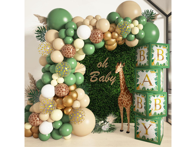 Baby Boxes Safari Jungle Baby Shower Decorations for Boy Girl, Safari Balloons Garland Arch Kit with 4Pcs Sage Green Animal Baby Boxes Nude Giraffe...