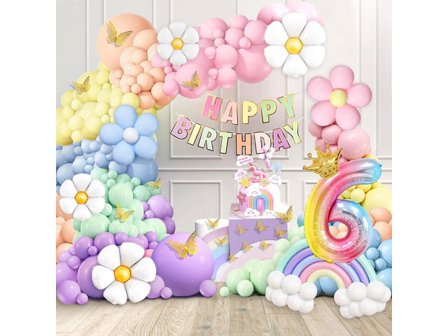 Pastel Balloons 219Pcs Daisy Balloon Garland Kit, 18 10 5 Inch Pastel Rainbow Balloons Arch, Birthday Decorations for Girls, Number 6 Balloons...