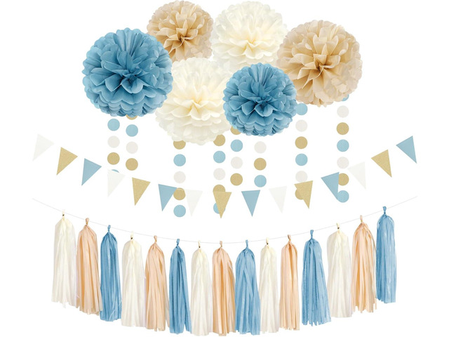 Light-Dusty Blue Beige-Champagne Boho Party Decorations - 23pcs Baby Bridal Shower Tissue Pom Poms Streamers,Women Girls Birthday Tassel Garland...