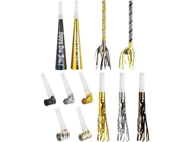 Black, Gold & Silver Party Horns & Blowouts Set (Pack of 50) - Perfect Party Supplies & Party Noise Makers for New Year's Eve, Graduation Parties,.