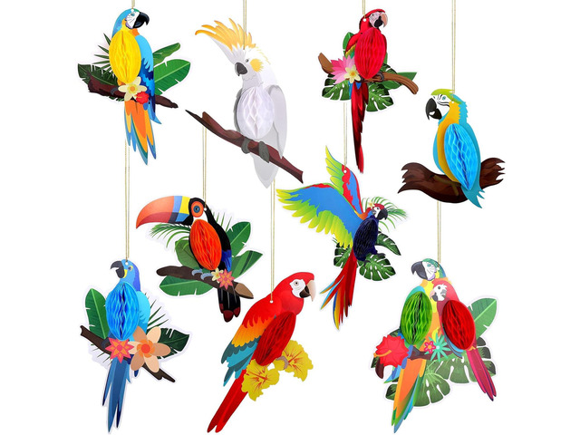Spakon 9 Pieces Tropical Birds Honeycomb Paper Cutouts Rio Luau Party Hanging Decorations Rainforest Hanging Paper Birds Hawaiian Parrot Honeycomb...