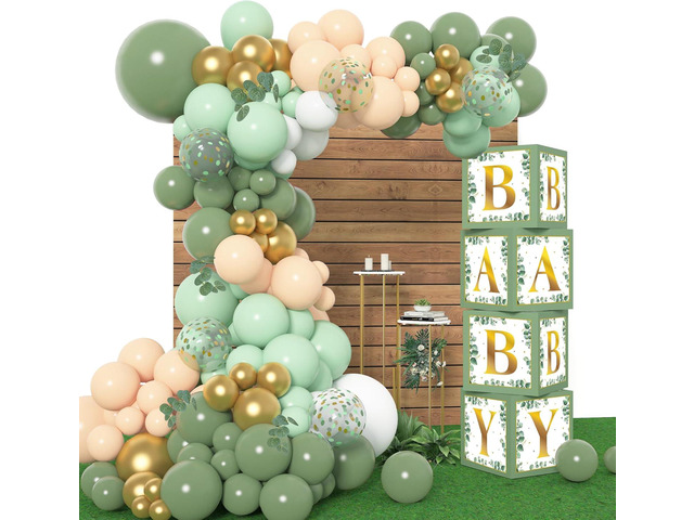 Amandir 145Pcs Baby Boxes Sage Green Baby Shower Decorations, Olive Green Balloon Garland Kit 4 Baby Blocks Gold Letter for Gender Neutral Boy Girl...