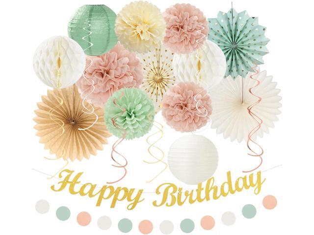 Sage-Green Blush-Pink Beige Birthday Party-Decorations - 21pcs Happy Banner,Cream Light Dusty Pink Paper Lanterns Pom Poms,Rustic Boho Neutral...
