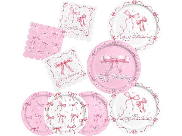 Pink Bow Happy Birthday Decorations Set for 16: Bachelorette Party Supplies Kit with Dinner & Dessert Plates and Napkins - for Women's Tea Birthday...