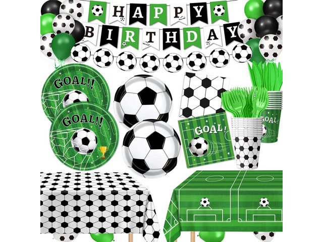 170 PCS Soccer Party Decorations, Soccer Birthday Party Decorations - Includes Plates, Napkins, Cups, Banner, Balloons, Tablecloth, Knives, Forks...