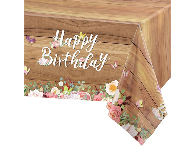 Tiamon 6 Pcs Floral Happy Birthday Tablecloths Cute Butterfly Wood Grain Table Cover Flower Birthday Disposable Tablecover Butterfly Floral Party...