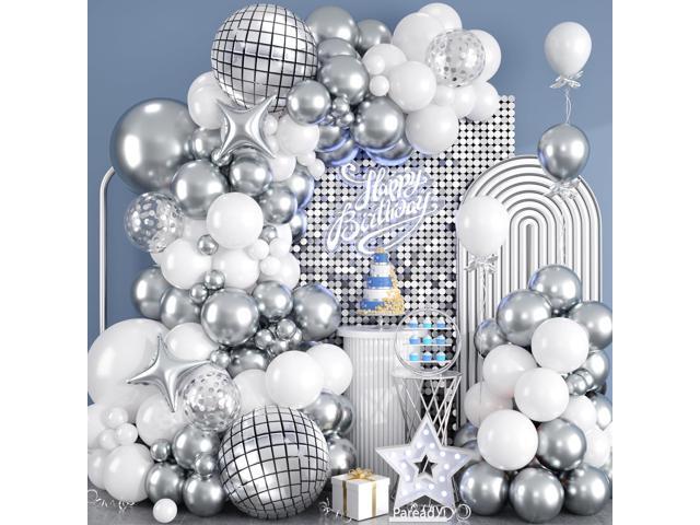Paready Disco Ball Balloon Arch, 120 Pcs White Silver Balloon Arch Garland, 18/12/10/5 Inch Confetti Metallic Silver Disco Ball Foil Star Balloon...