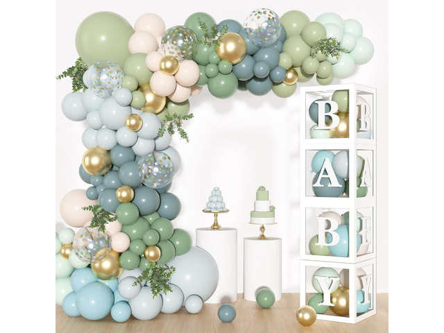 153Pcs Dusty Blue Green Balloons Baby Shower Decorations, Haze Fog Blue Mist Sage Green Balloon Arch Kit Baby Boxes with Letters (A-Z+Baby) for...