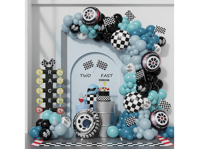 Race Car Balloon Garland Arch Kit 166PCS Dusty Blue Black Latex Balloon Wheel Checkered Foil Balloons for Race Car Two Fast Birthday Party Decorations