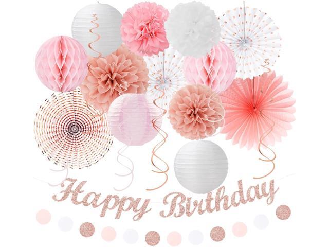 Pink White Rose-Gold Birthday Party-Decorations - 21pcs Happy Banner, Paper Lanterns,Tissue Pom Poms Flower Fan,Honeycomb Ball,Swirl Streamers...