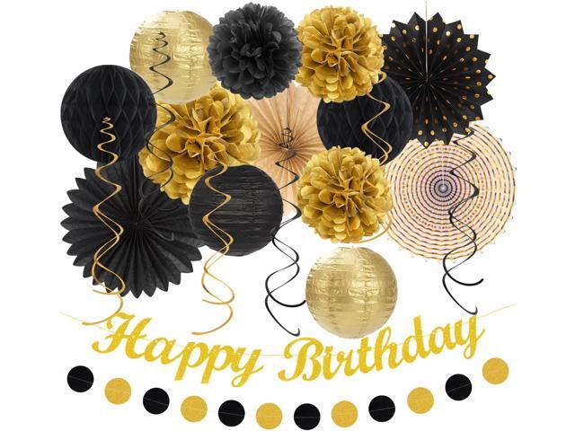 Black Gold Women-Men Birthday Party-decorations - 21pcs Happy Banner,Paper Streamers Lanterns Honeycomb,Tissue Pom Poms Fan,Classroom Birthday...