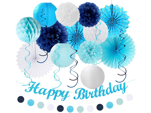 Light-Royal Blue White Birthday Party-decorations - 21pcs Boys Men Ocean Happy Banner,Navy Dusty Paper Streamers Lanterns Honeycomb,tissue Pom Poms...