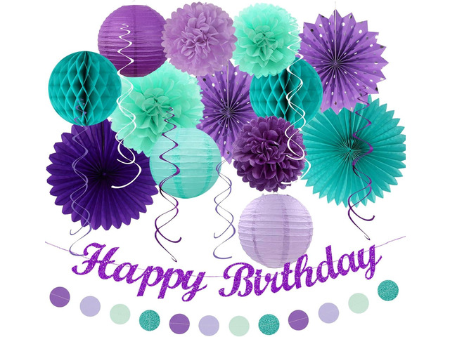 Teal-purple Lavender Girl Mermaid-birthday Party-decorations - 21pcs Happy Banner,Under The Sea Ocean Paper Lanterns Honeycomb Streamers,Tissue Pom...