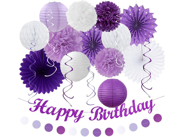 Purple Lilac-Lavender White Women Birthday Party-Decorations - 21pcs Happy Banner,Paper Lanterns,Tissue Pom Poms Flower Fan,Honeycomb Ball,Hanging...