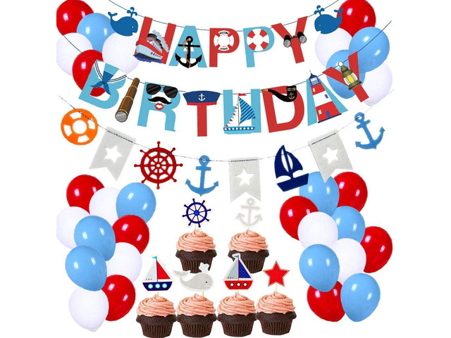 77Pcs Nautical Party Supplies: Nautical Happy Birthday Banner, Bunting, 30pcs Latex Balloons (Red, Blue, White), 24pcs Cupcake Toppers - Pirate...