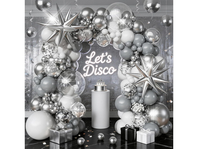 White Silver Balloons Garland Arch Kit, 113pcs White Grey Clear Balloons, Confetti Silver Explosion Star 4D Foil Balloons for Disco Winter...