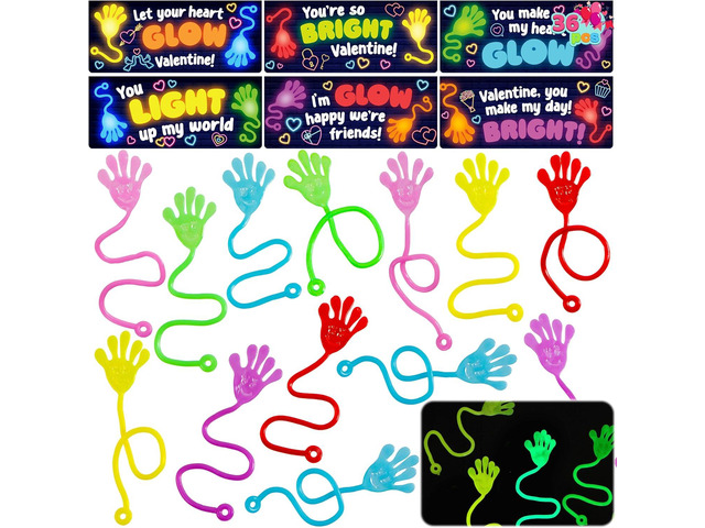 JOYIN 36 Packs Valentine Day Glow Sticky Hands with Card Headers for Kids Party Favor, Classroom Exchange Prizes, Valentines Day Greeting Cards,...