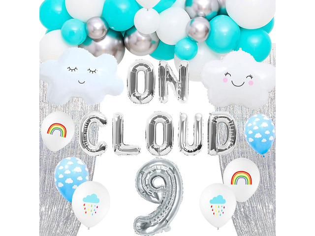 LaVenty 43 PCS Silver On Cloud 9 Balloons Decoration 9 Birthday Decoration Nine Years Old Birthday Balloon 9th Party Supplies Cloud Balloon