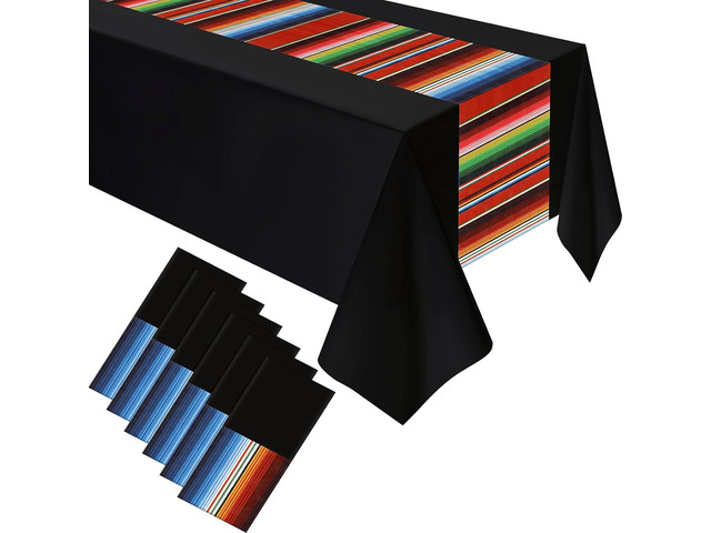 Hosuly 6 Pcs Mexican Fiesta Tablecloth 54 x 108'' Party Plastic Tablecloth Striped Table Cover for Mexican Fiesta Party Decorations (Black Background)